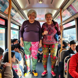 Two very tall giantess elderly Chinese grandmothers in colorful leggings, standing on a crowded city bus