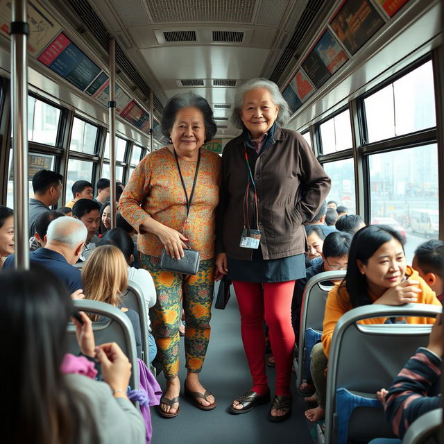 Two very tall old giantess Chinese grannies, each wearing colorful leggings, standing proudly on a crowded bus filled with diverse passengers