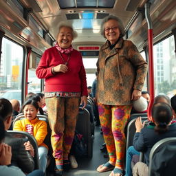 Two very tall old giantess Chinese grannies, each wearing colorful leggings, standing proudly on a crowded bus filled with diverse passengers