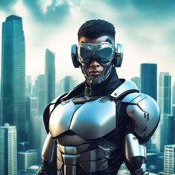 A futuristic cyborg with a prominent eye patch, against a dystopian cityscape backdrop.