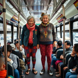 Two very tall old giantess Chinese grannies, each wearing colorful leggings, standing proudly on a crowded bus filled with diverse passengers