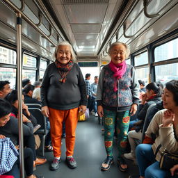 Two very tall old giantess Chinese grannies, each wearing colorful leggings, standing proudly on a crowded bus filled with diverse passengers