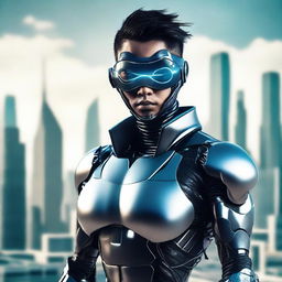 A futuristic cyborg with a prominent eye patch, against a dystopian cityscape backdrop.