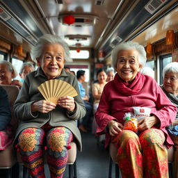 Two very tall, old, wrinkly Chinese grannies wearing colorful leggings, seated on a bus filled with elderly women