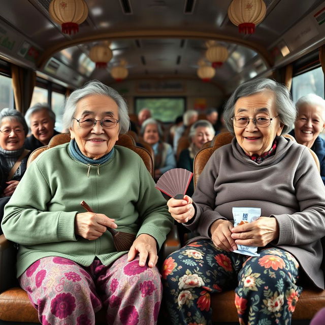 Two very tall, old, wrinkly Chinese grannies wearing colorful leggings, seated on a bus filled with elderly women