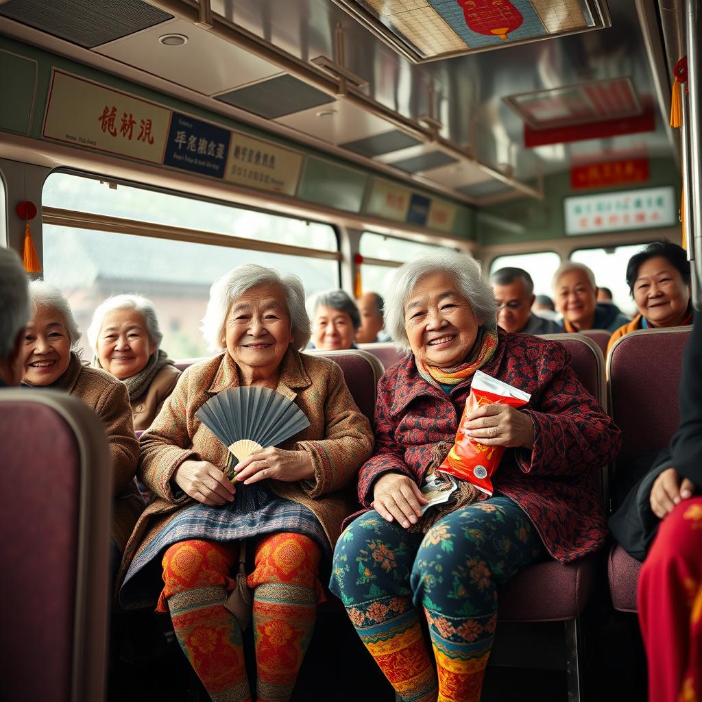 Two very tall, old, wrinkly Chinese grannies wearing colorful leggings, seated on a bus filled with elderly women