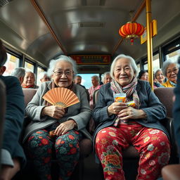 Two very tall, old, wrinkly Chinese grannies wearing colorful leggings, seated on a bus filled with elderly women