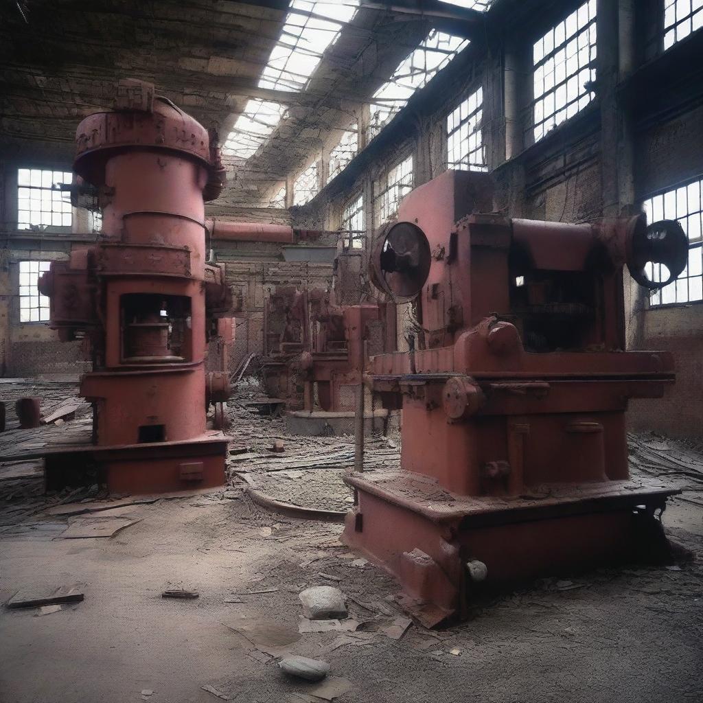 An intricate image showcasing idle machinery in an abandoned factory, oozeing the essence of their redundancy due to the absence of workers