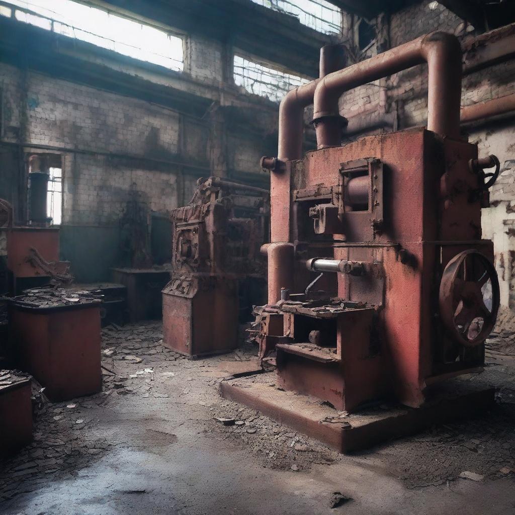 An intricate image showcasing idle machinery in an abandoned factory, oozeing the essence of their redundancy due to the absence of workers