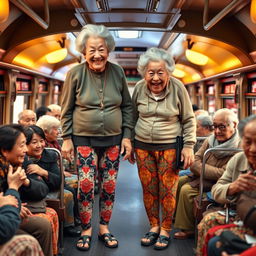 Two very tall, old, and wrinkly Chinese grannies wearing colorful leggings, standing confidently on a crowded bus filled with elderly women