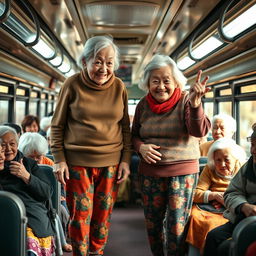 Two very tall, old, and wrinkly Chinese grannies wearing colorful leggings, standing confidently on a crowded bus filled with elderly women
