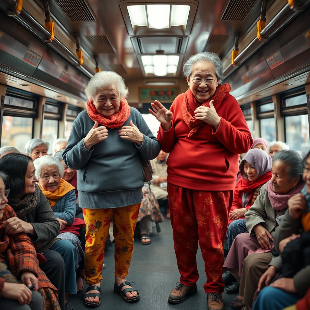 Two very tall, old, and wrinkly Chinese grannies wearing colorful leggings, standing confidently on a crowded bus filled with elderly women