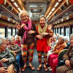 Two very tall, old, and wrinkly Chinese grannies wearing colorful leggings, standing confidently on a crowded bus filled with elderly women