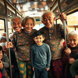 Two very tall, old, wrinkly Chinese grannies wearing colorful leggings, standing behind a short young man inside a bustling bus filled with old women, who are all standing