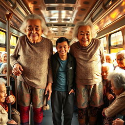 Two very tall, old, wrinkly Chinese grannies wearing colorful leggings, standing behind a short young man inside a bustling bus filled with old women, who are all standing