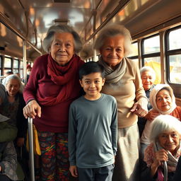 Two very tall, old, wrinkly Chinese grannies wearing colorful leggings, standing behind a short young man inside a bustling bus filled with old women, who are all standing
