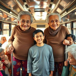 Two very tall, old, wrinkly Chinese grannies wearing colorful leggings, standing behind a short young man inside a bustling bus filled with old women, who are all standing