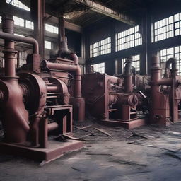 An intricate image showcasing idle machinery in an abandoned factory, oozeing the essence of their redundancy due to the absence of workers