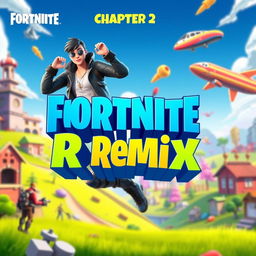 Vibrant and dynamic thumbnail design for Chapter 2 Remix of Fortnite, featuring iconic characters like a stylish skinned Fortnite character in a trendy outfit, performing an action pose