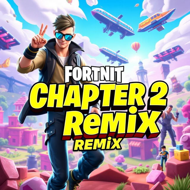 Vibrant and dynamic thumbnail design for Chapter 2 Remix of Fortnite, featuring iconic characters like a stylish skinned Fortnite character in a trendy outfit, performing an action pose