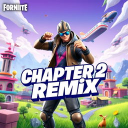 Vibrant and dynamic thumbnail design for Chapter 2 Remix of Fortnite, featuring iconic characters like a stylish skinned Fortnite character in a trendy outfit, performing an action pose