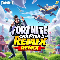 Vibrant and dynamic thumbnail design for Chapter 2 Remix of Fortnite, featuring iconic characters like a stylish skinned Fortnite character in a trendy outfit, performing an action pose