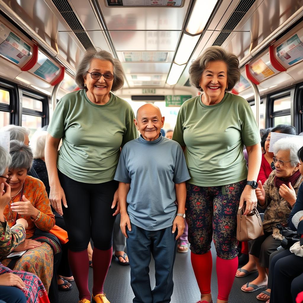 Two very tall old Chinese grannies dressed in colorful leggings and casual t-shirts, smiling warmly as they stand proudly behind a short young man