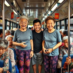 Two very tall old Chinese grannies dressed in colorful leggings and casual t-shirts, smiling warmly as they stand proudly behind a short young man