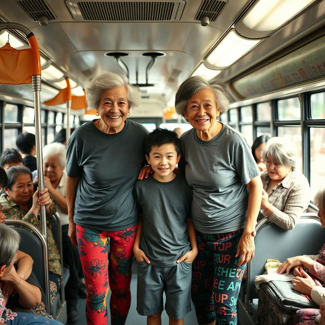 Two very tall old Chinese grannies dressed in colorful leggings and casual t-shirts, smiling warmly as they stand proudly behind a short young man