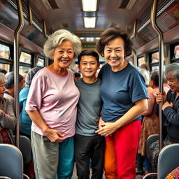 Two very tall old Chinese grannies dressed in colorful leggings and casual t-shirts, smiling warmly as they stand proudly behind a short young man