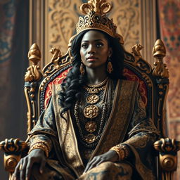 A stunning portrayal of the Black Queen of Sheba seated majestically on her ornate throne, adorned in luxurious, intricately detailed clothing that reflects her royal status