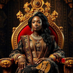 A stunning portrayal of the Black Queen of Sheba seated majestically on her ornate throne, adorned in luxurious, intricately detailed clothing that reflects her royal status