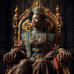 A stunning portrayal of the Black Queen of Sheba seated majestically on her ornate throne, adorned in luxurious, intricately detailed clothing that reflects her royal status