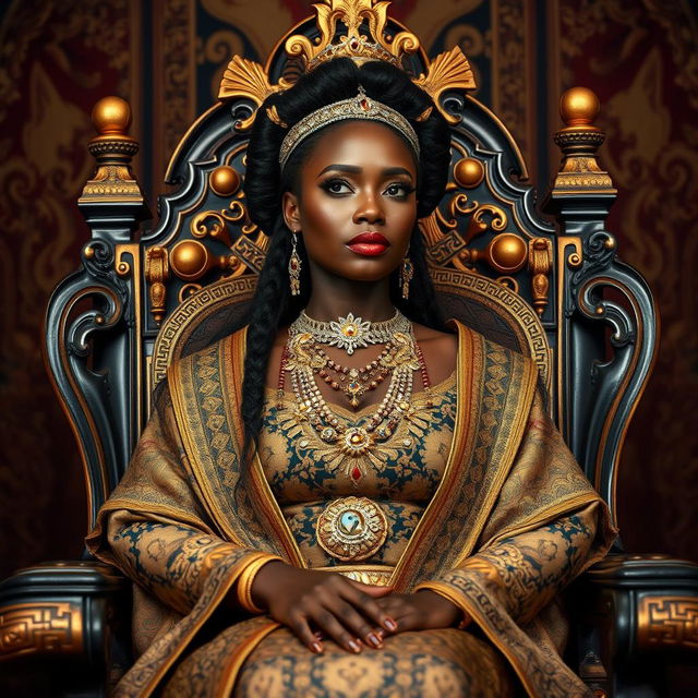 A stunning portrayal of the Black Queen of Sheba seated majestically on her ornate throne, adorned in luxurious, intricately detailed clothing that reflects her royal status