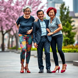 Two very tall elderly Chinese women wearing colorful leggings, casual t-shirts, and stylish high heels, standing playfully behind a shorter young man dressed in a sharp suit and polished black shoes