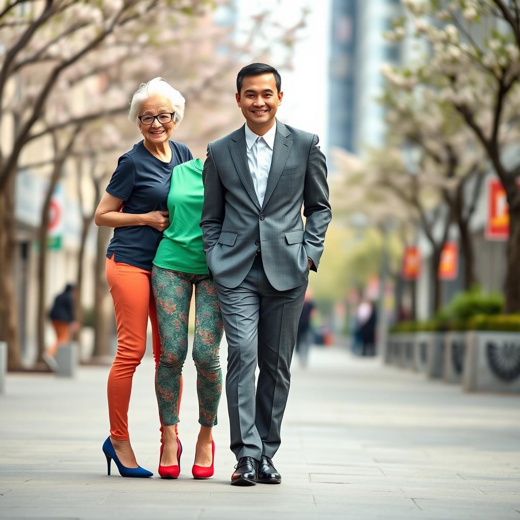 Two very tall elderly Chinese women wearing colorful leggings, casual t-shirts, and stylish high heels, standing playfully behind a shorter young man dressed in a sharp suit and polished black shoes