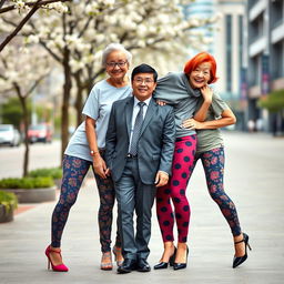 Two very tall elderly Chinese women wearing colorful leggings, casual t-shirts, and stylish high heels, standing playfully behind a shorter young man dressed in a sharp suit and polished black shoes