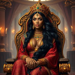 A stunning depiction of the sexy Queen of Sheba, elegantly seated on her opulent throne
