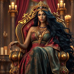 A stunning depiction of the sexy Queen of Sheba, elegantly seated on her opulent throne