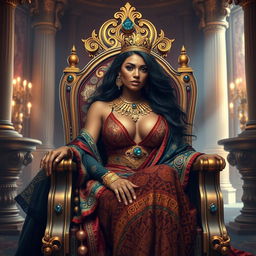 A stunning depiction of the sexy Queen of Sheba, elegantly seated on her opulent throne