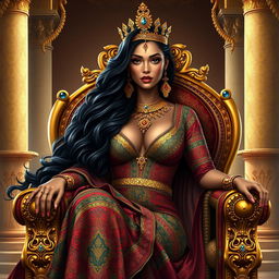 A stunning depiction of the sexy Queen of Sheba, elegantly seated on her opulent throne