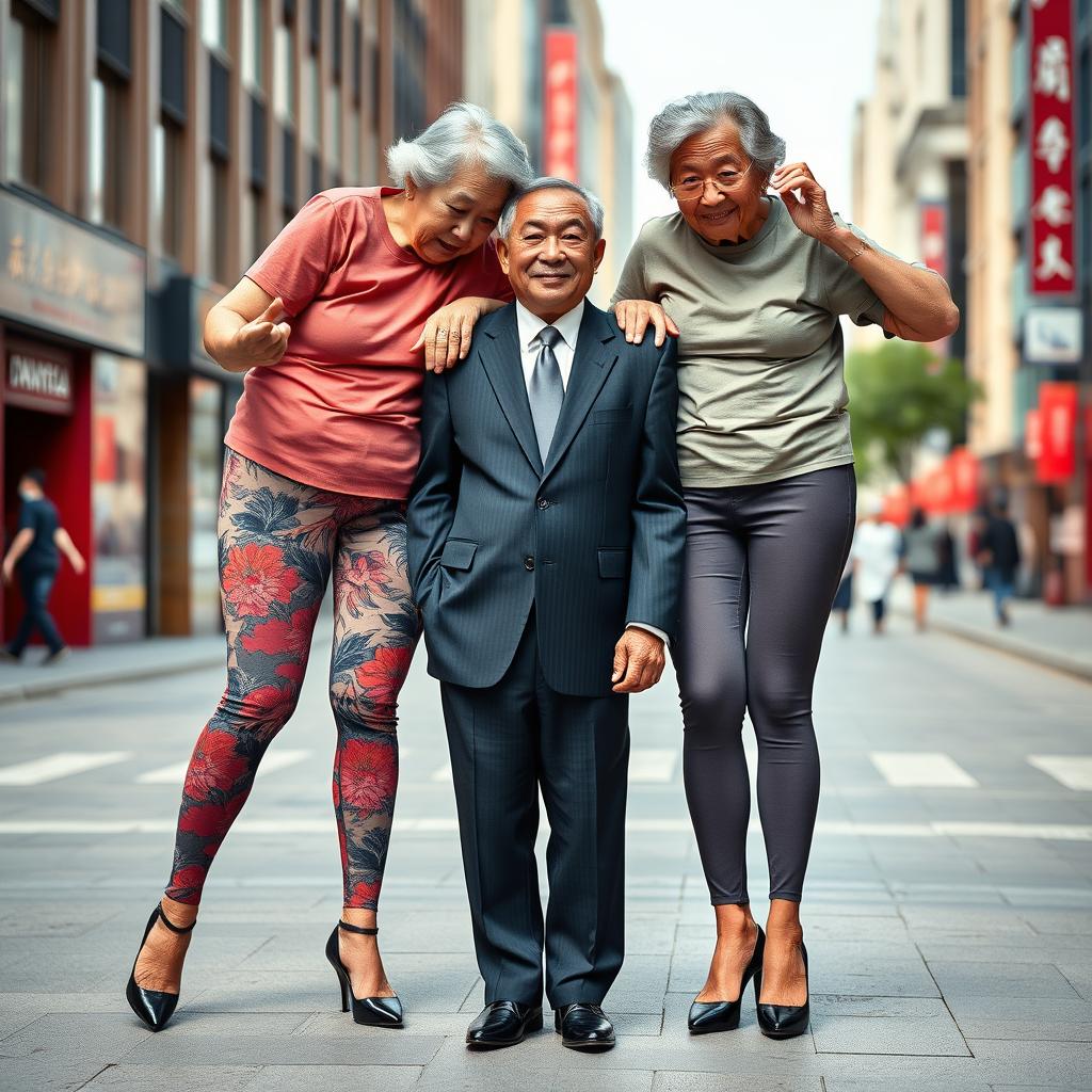 Two very tall elderly Chinese women wearing colorful leggings and casual t-shirts, both elevated by striking high heels, are playfully standing behind a short young man dressed in a sharp suit and polished black shoes