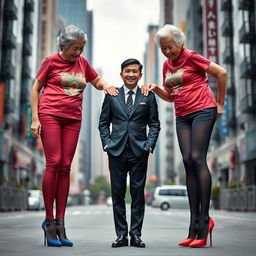 Two very tall elderly Chinese women wearing colorful leggings and casual t-shirts, both elevated by striking high heels, are playfully standing behind a short young man dressed in a sharp suit and polished black shoes