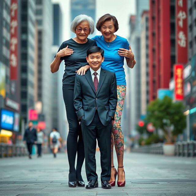 Two very tall elderly Chinese women wearing colorful leggings and casual t-shirts, both elevated by striking high heels, are playfully standing behind a short young man dressed in a sharp suit and polished black shoes