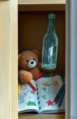 A tight closet filled with colorful crayons and an open coloring book with vibrant drawings