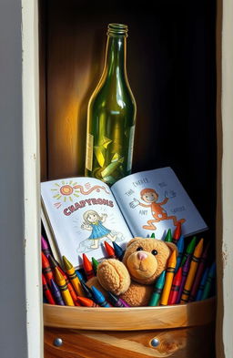 A tight closet filled with colorful crayons and an open coloring book with vibrant drawings