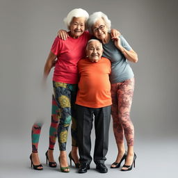 Two very tall old Chinese grandmothers wearing colorful leggings, stylish t-shirts, and high heels, standing behind a short middle-aged man
