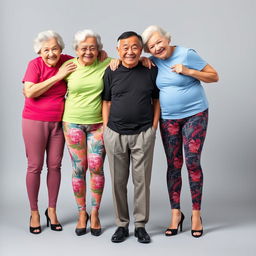 Two very tall old Chinese grandmothers wearing colorful leggings, stylish t-shirts, and high heels, standing behind a short middle-aged man