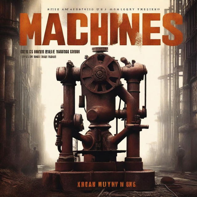 Create a dramatic movie poster set in industrial era with centerpiece being idle, rusted machinery, augmented by grim tone