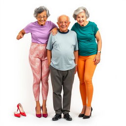 Two very tall old Chinese grandmothers wearing colorful leggings, stylish t-shirts, and high heels, standing behind a short middle-aged man